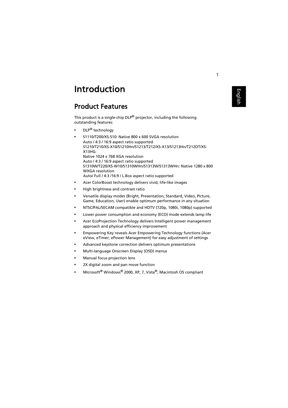 Introduction, Product features | Acer S1210 User Manual | Page 11 / 62