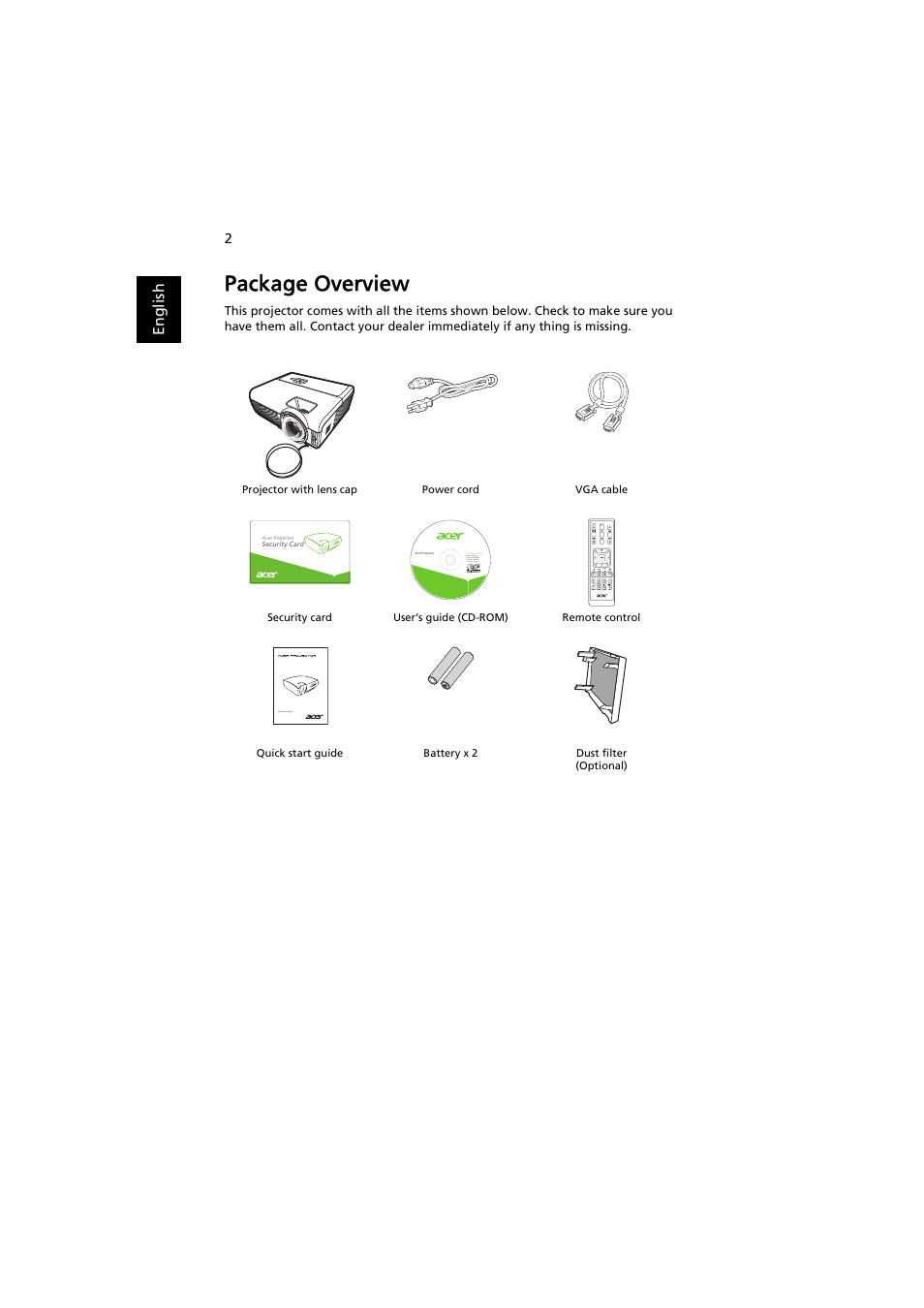 Package overview | Acer S1210 User Manual | Page 12 / 62