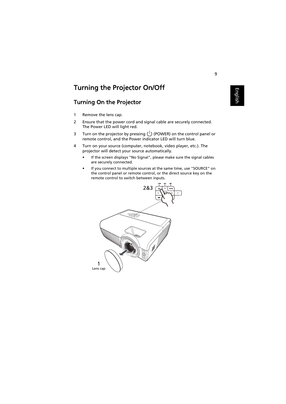 Turning the projector on/off, Turning on the projector | Acer S1210 User Manual | Page 19 / 62