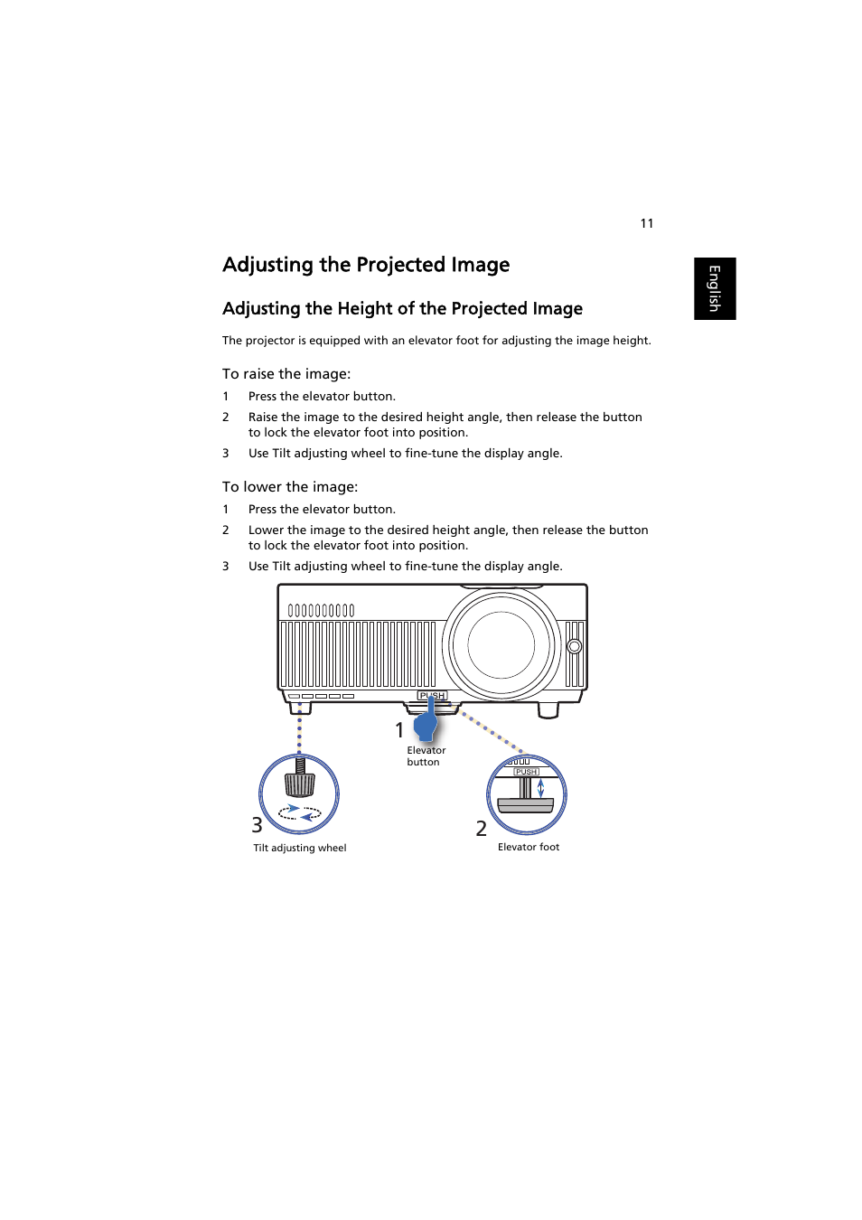 Adjusting the projected image, Adjusting the height of the projected image | Acer S1210 User Manual | Page 21 / 62