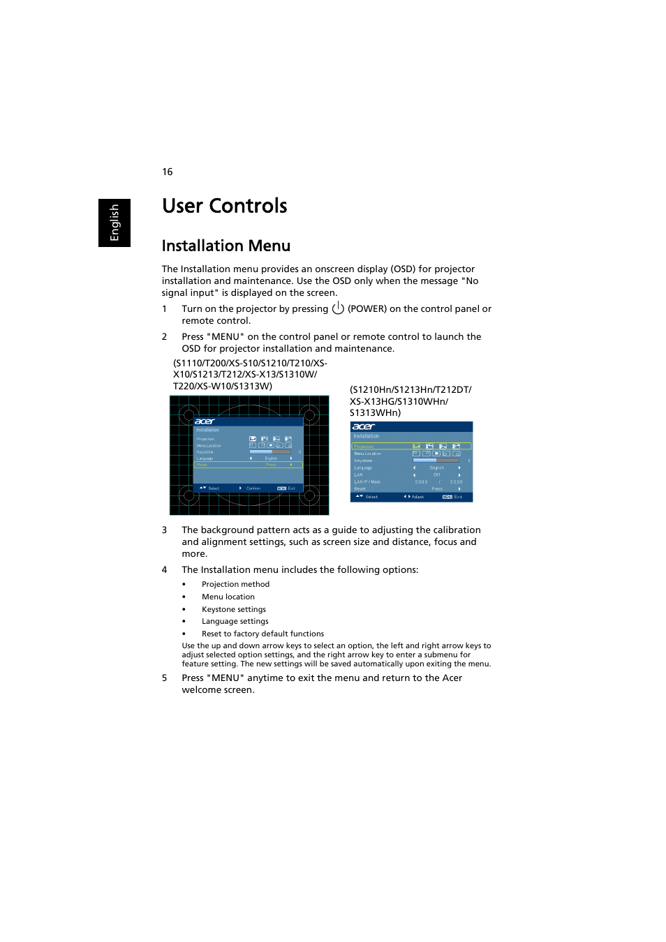 User controls, Installation menu | Acer S1210 User Manual | Page 26 / 62