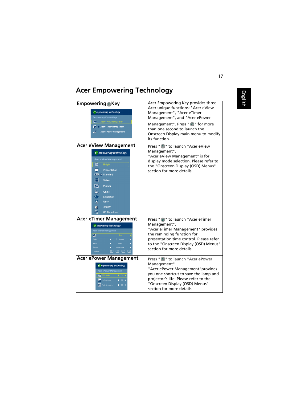 Acer empowering technology | Acer S1210 User Manual | Page 27 / 62