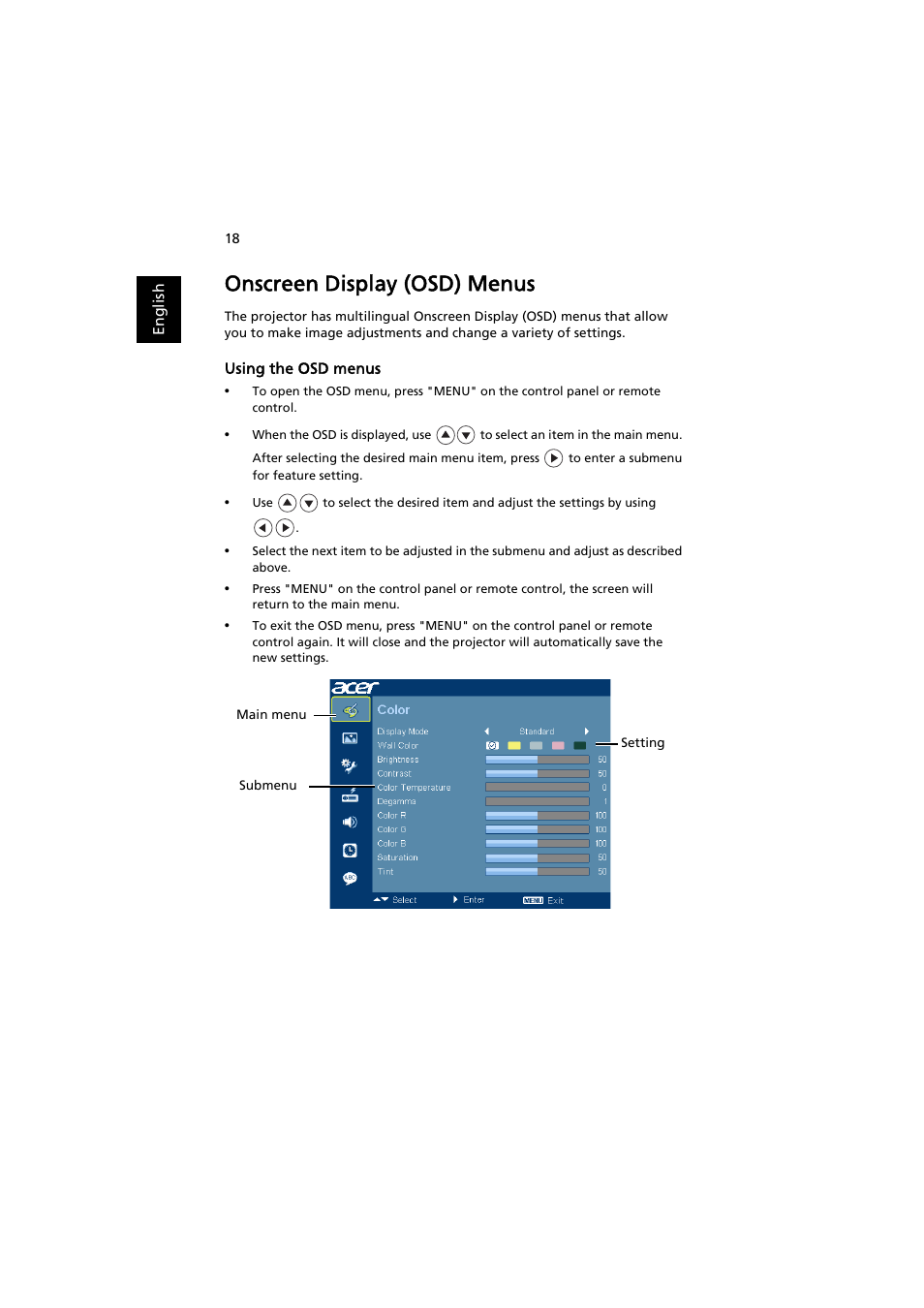 Onscreen display (osd) menus | Acer S1210 User Manual | Page 28 / 62