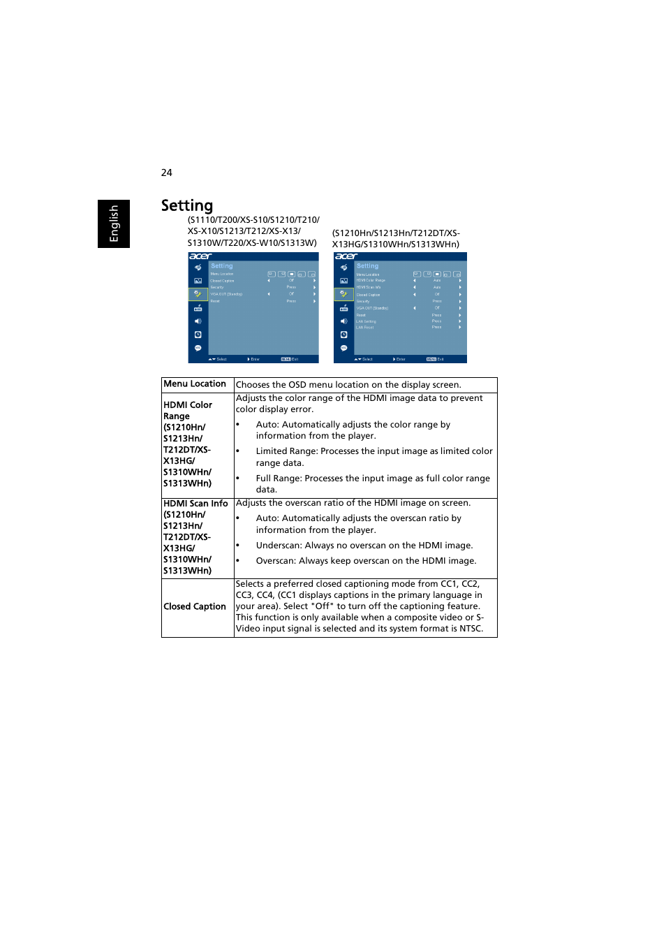 Setting | Acer S1210 User Manual | Page 34 / 62