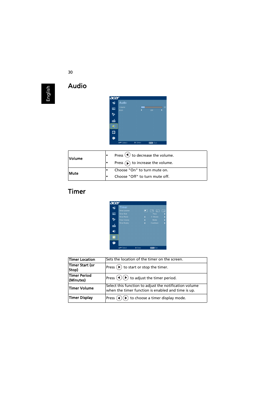 Audio, Timer, Audio timer | Acer S1210 User Manual | Page 40 / 62