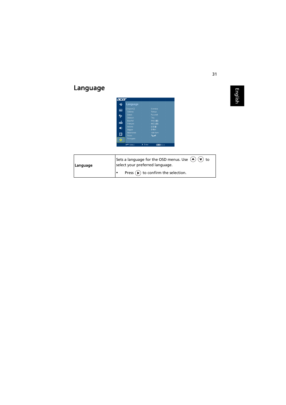 Language | Acer S1210 User Manual | Page 41 / 62