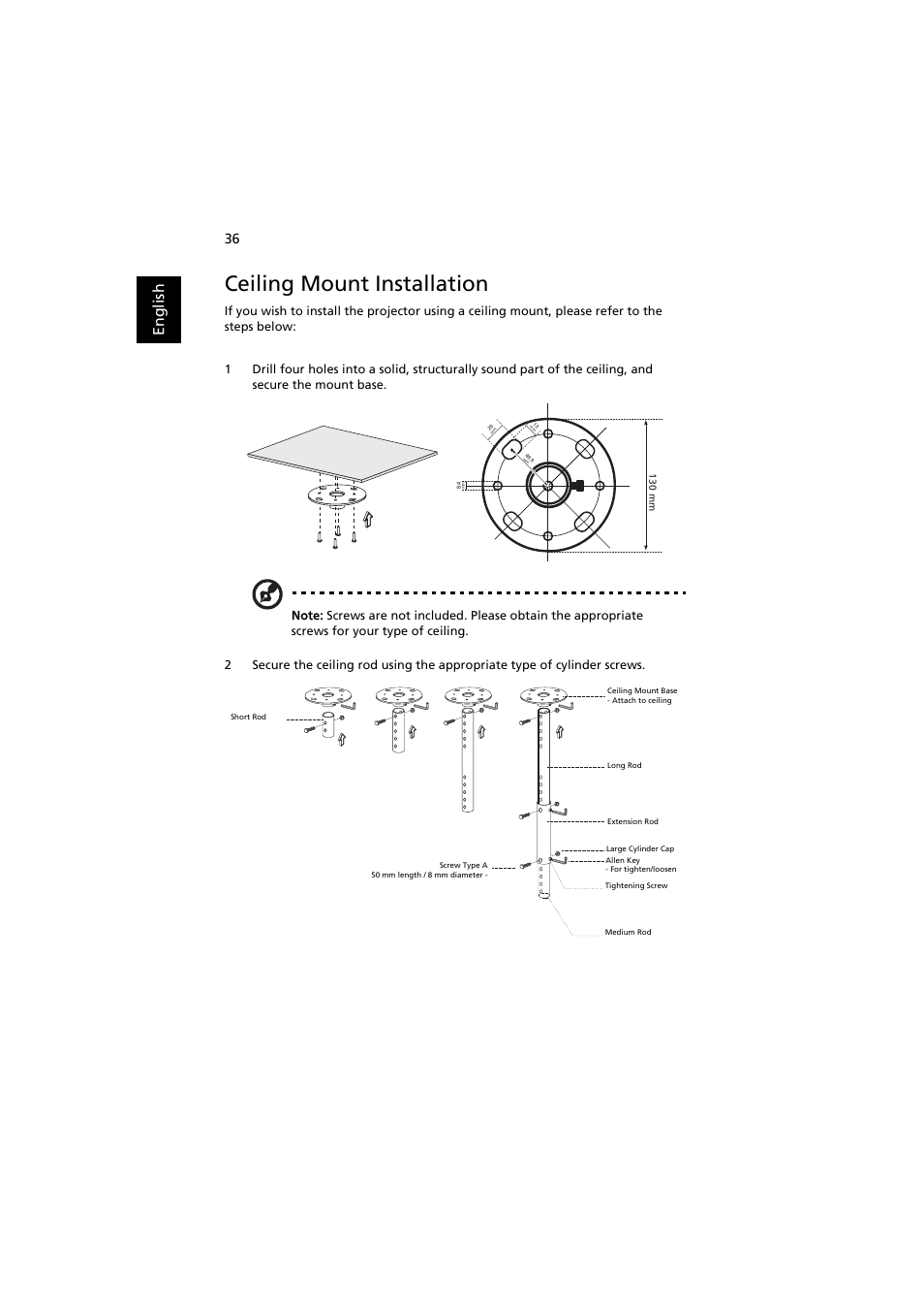 Ceiling mount installation, En gl ish | Acer S1210 User Manual | Page 48 / 62