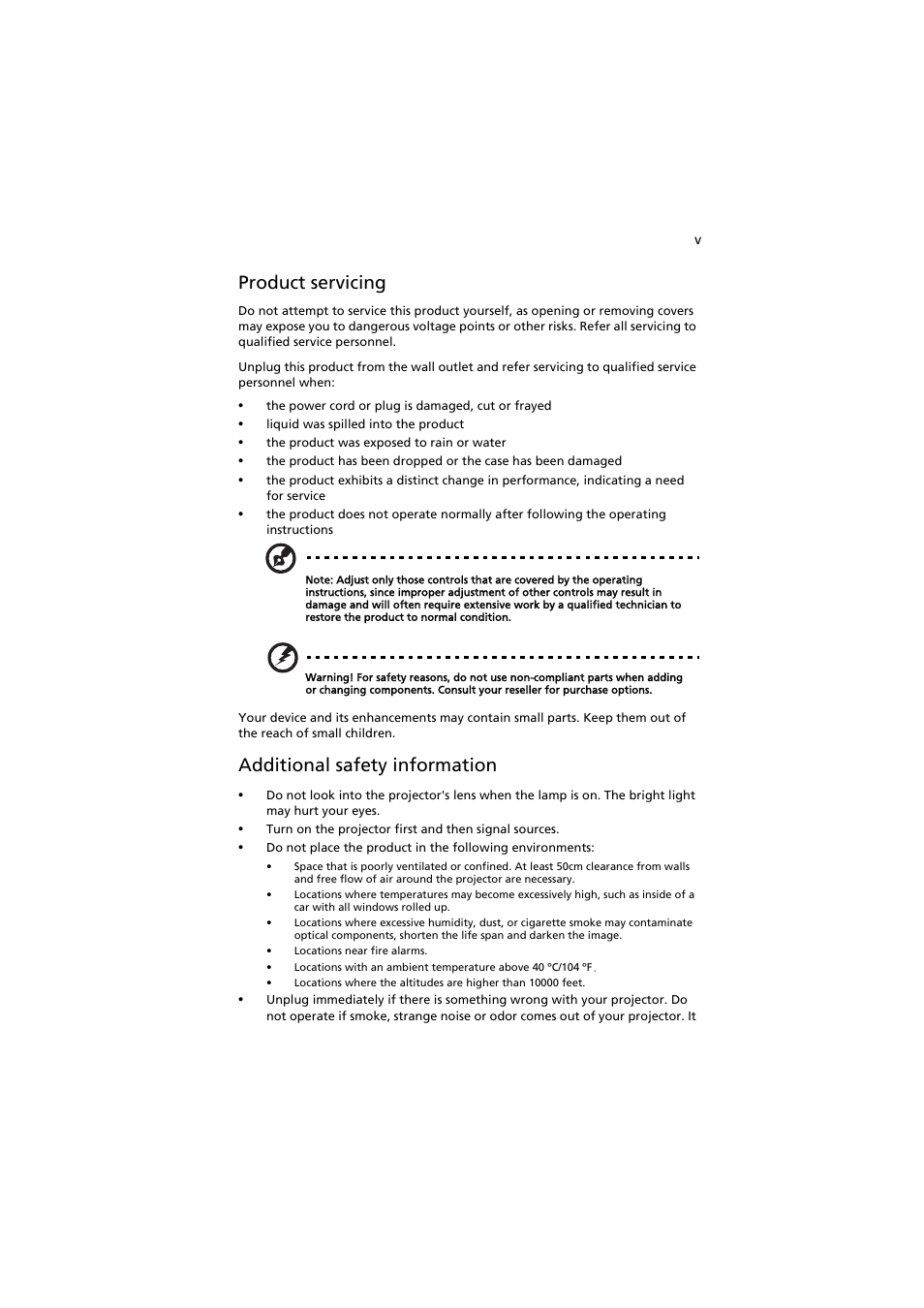 Product servicing, Additional safety information | Acer S1210 User Manual | Page 5 / 62