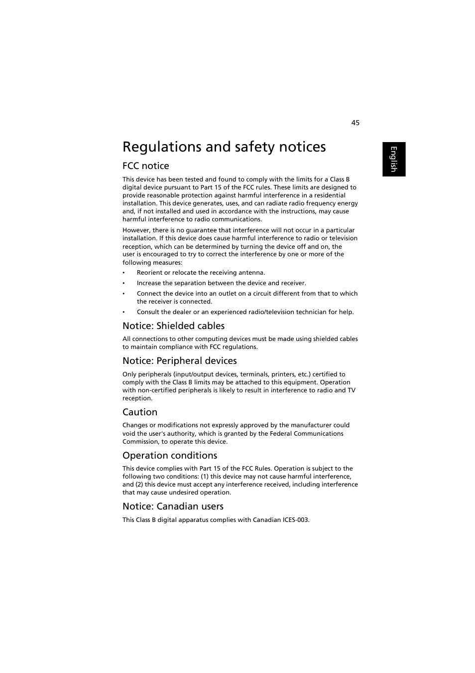 Regulations and safety notices, Fcc notice, Notice: shielded cables | Notice: peripheral devices, Caution, Operation conditions, Notice: canadian users | Acer S1210 User Manual | Page 57 / 62