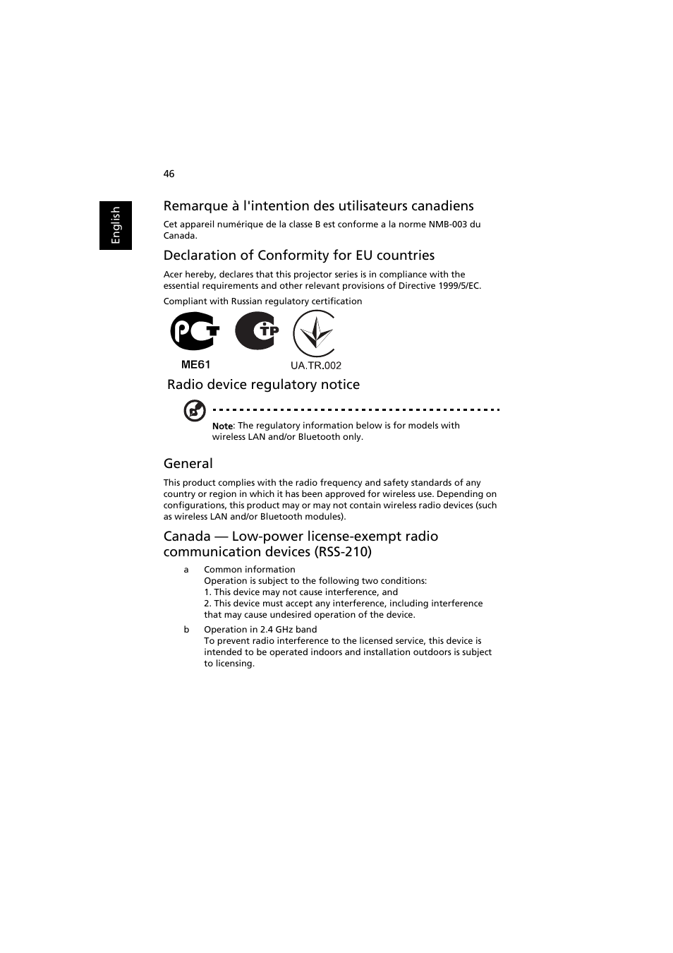 Remarque à l'intention des utilisateurs canadiens, Declaration of conformity for eu countries, Radio device regulatory notice | General | Acer S1210 User Manual | Page 58 / 62