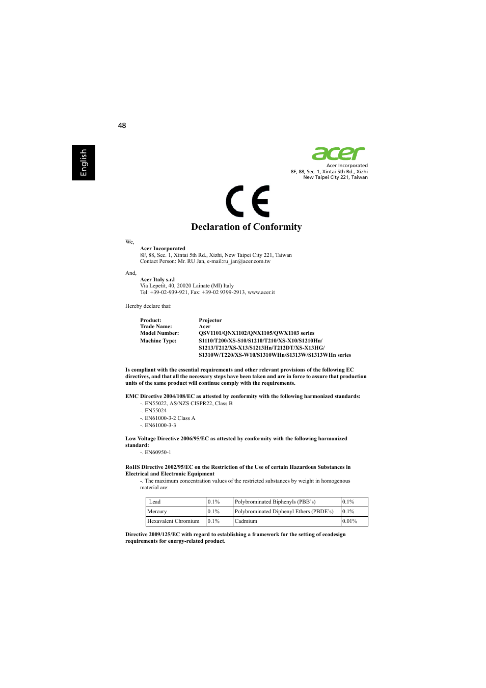 Declaration of conformity, En gl ish | Acer S1210 User Manual | Page 60 / 62