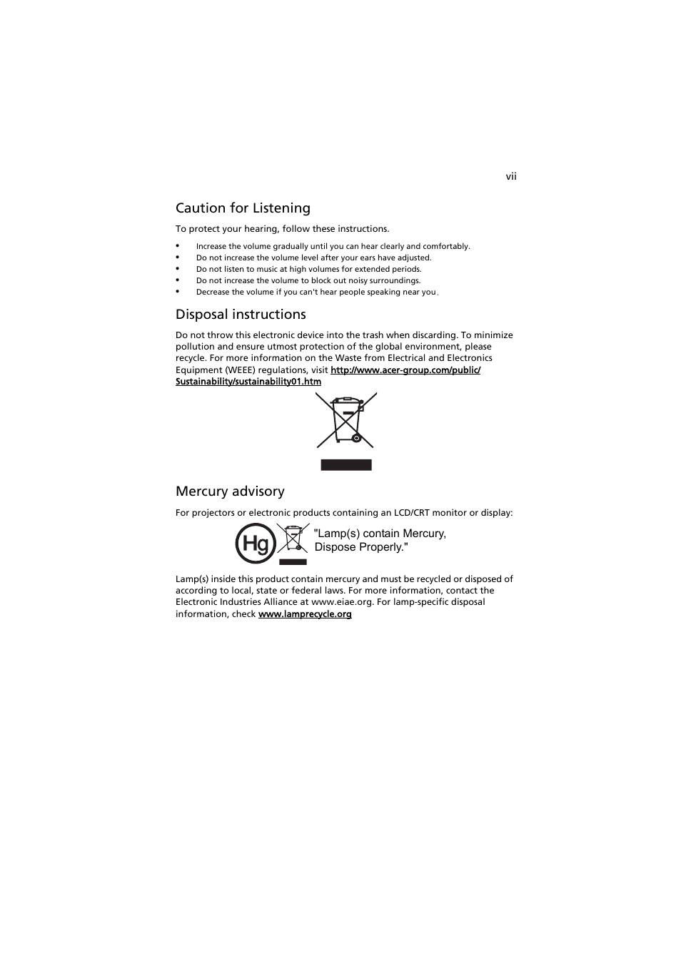 Caution for listening, Disposal instructions, Mercury advisory | Acer S1210 User Manual | Page 7 / 62