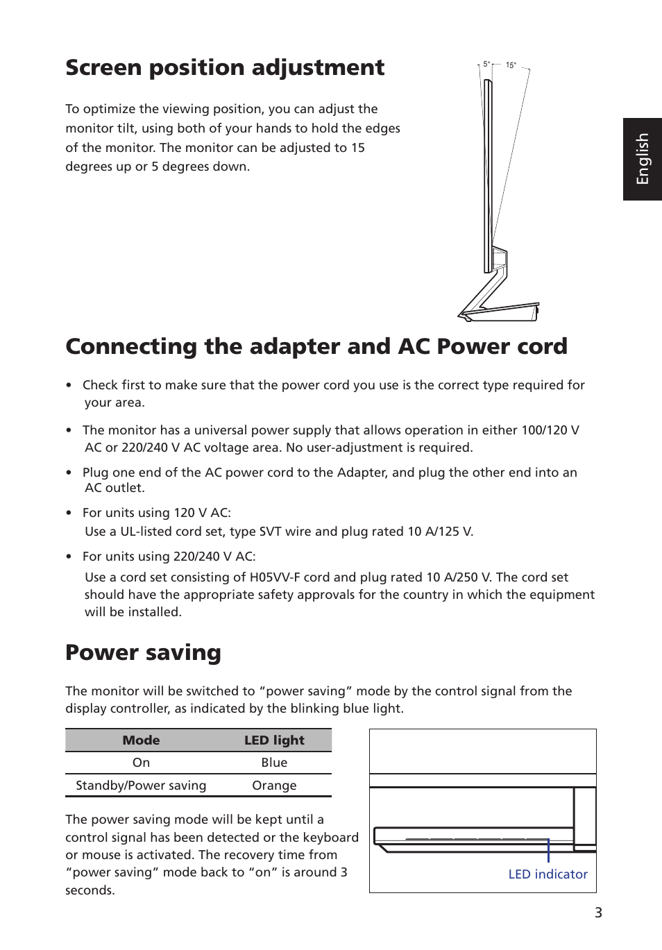 Screen position adjustment, Connecting the adapter and ac power cord, Power saving | English | Acer S235HL User Manual | Page 15 / 27