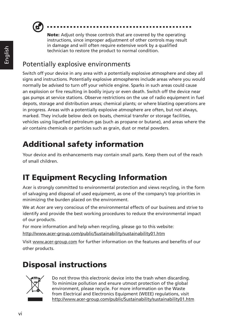 Additional safety information, It equipment recycling information, Disposal instructions | Potentially explosive environments | Acer S235HL User Manual | Page 6 / 27