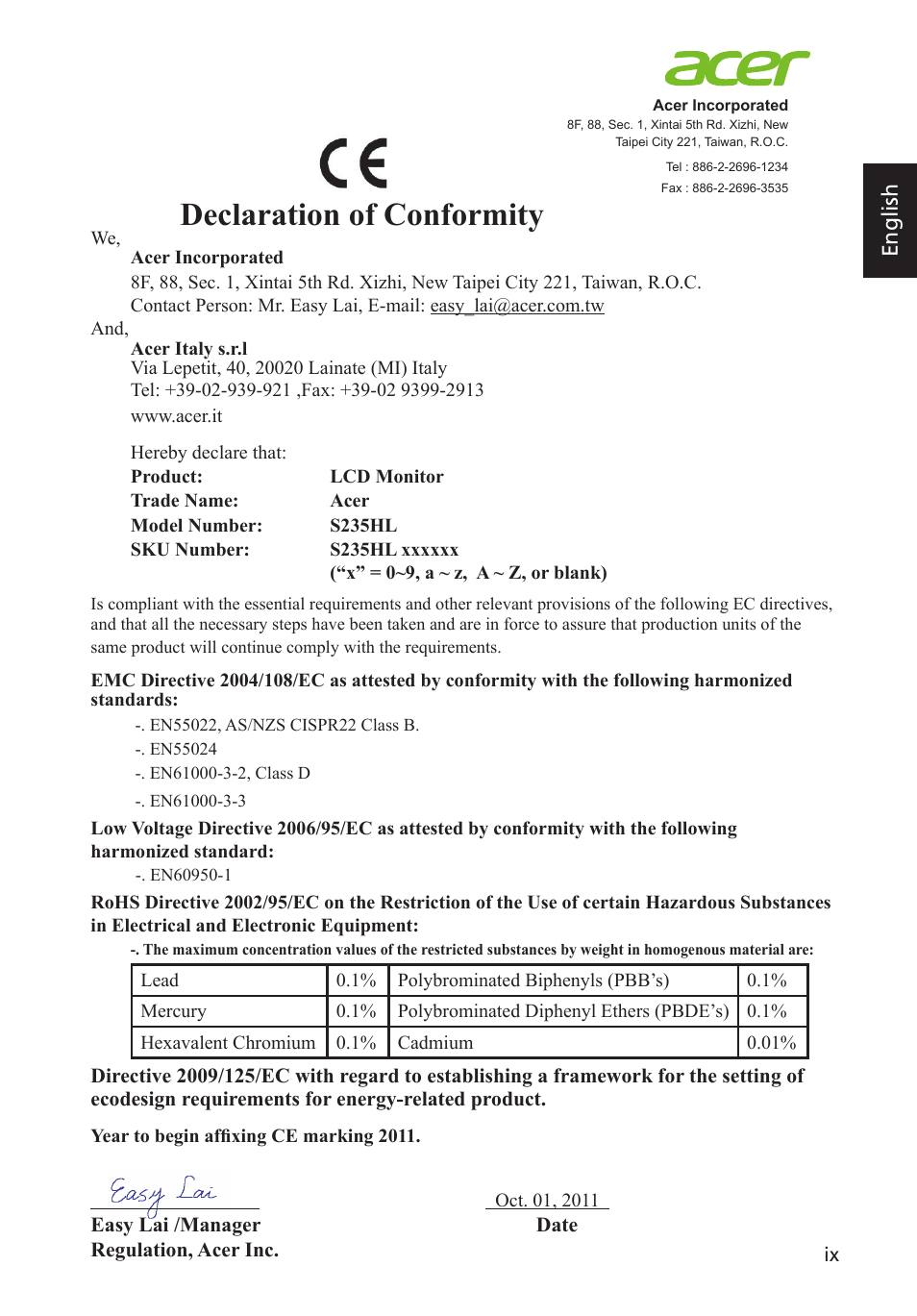 Declaration of conformity, English | Acer S235HL User Manual | Page 9 / 27