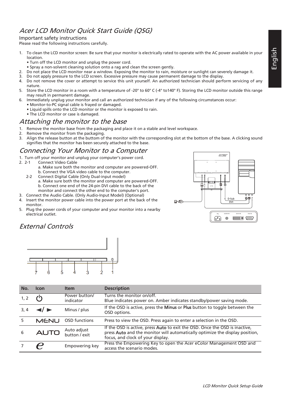 Acer lcd monitor quick start guide (qsg), Attaching the monitor to the base, Connecting your monitor to a computer | External controls, En g li sh | Acer V176L User Manual | Page 2 / 4