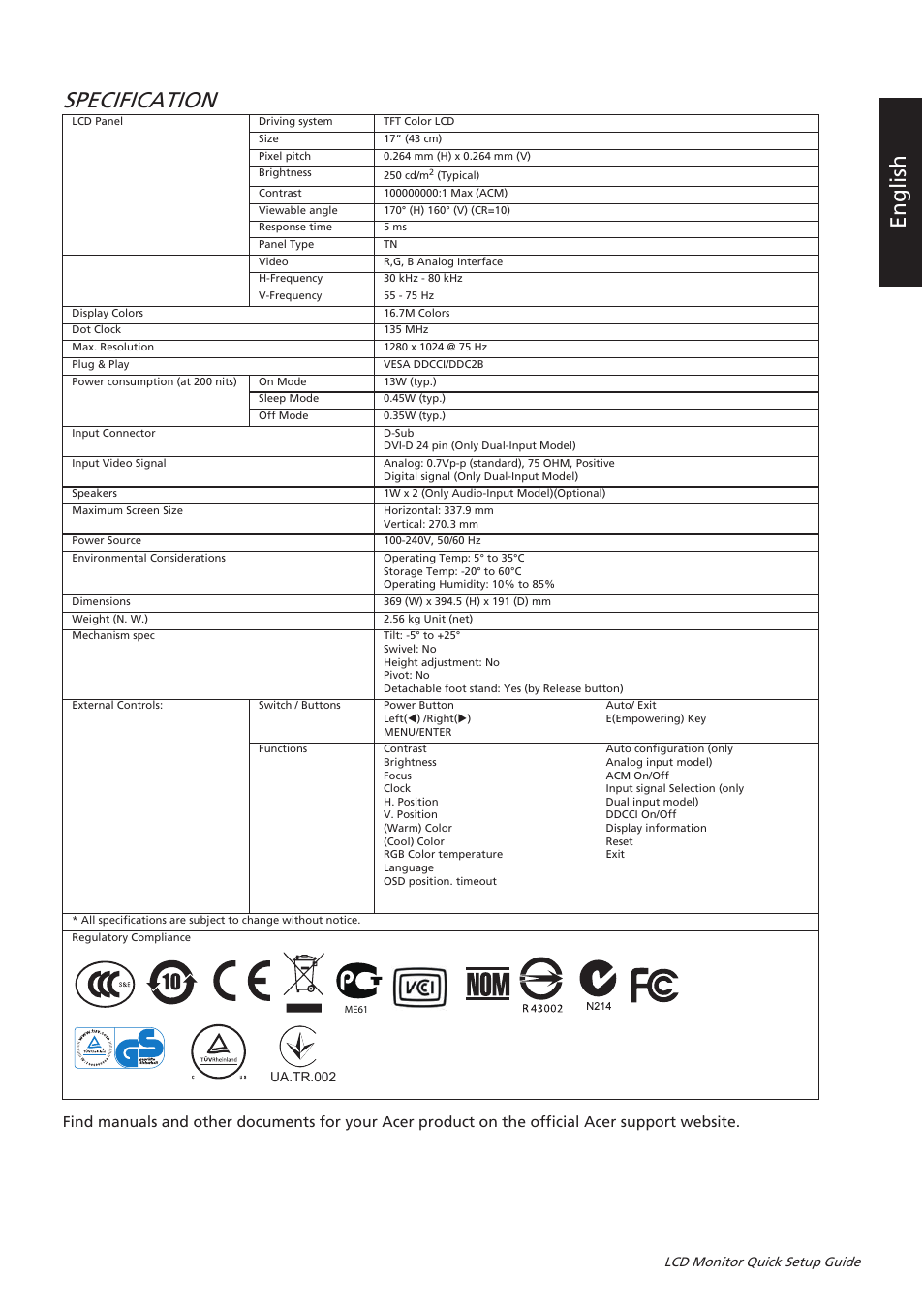 Specification, En g li sh | Acer V176L User Manual | Page 4 / 4