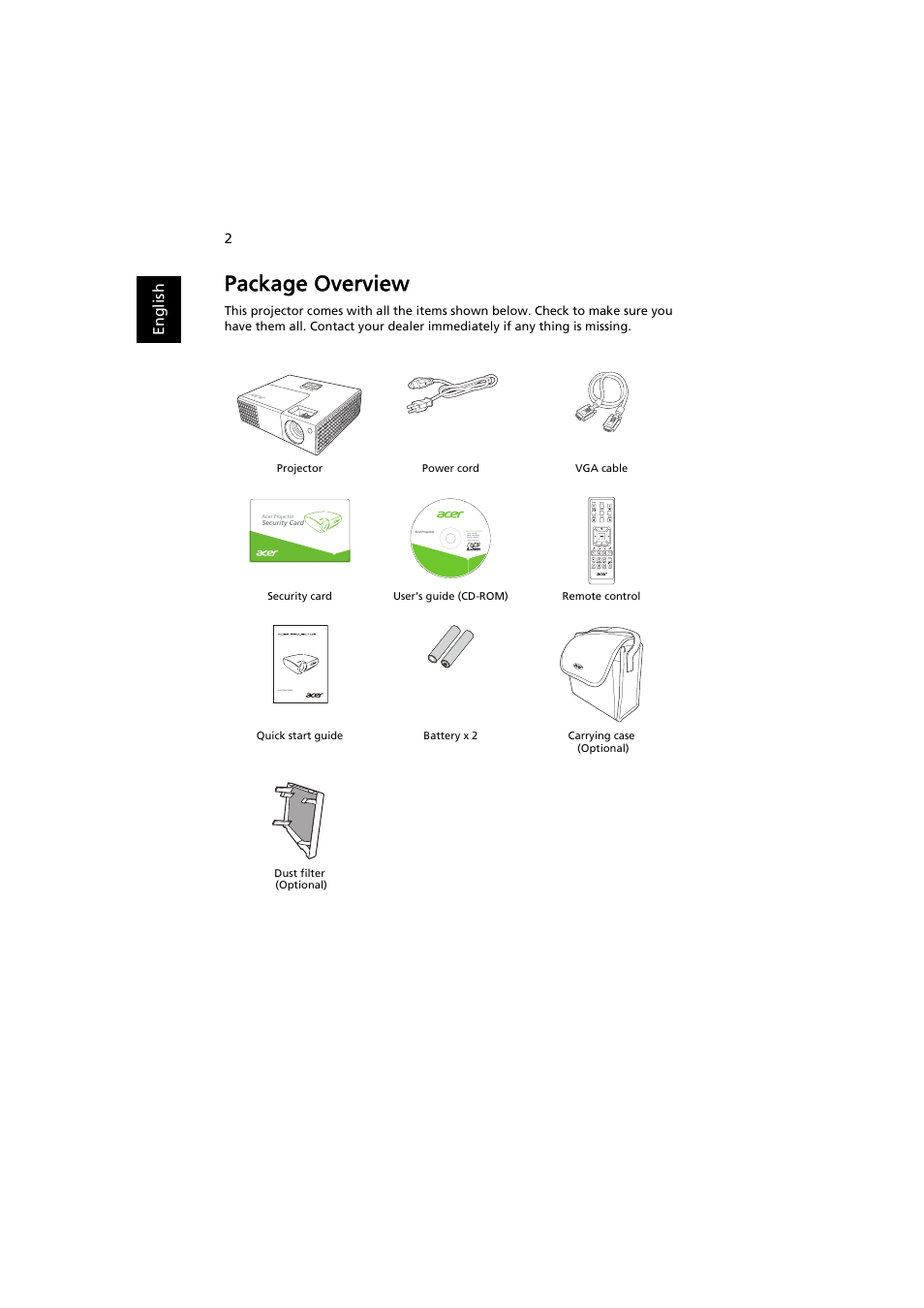 Package overview | Acer P1341W User Manual | Page 12 / 56