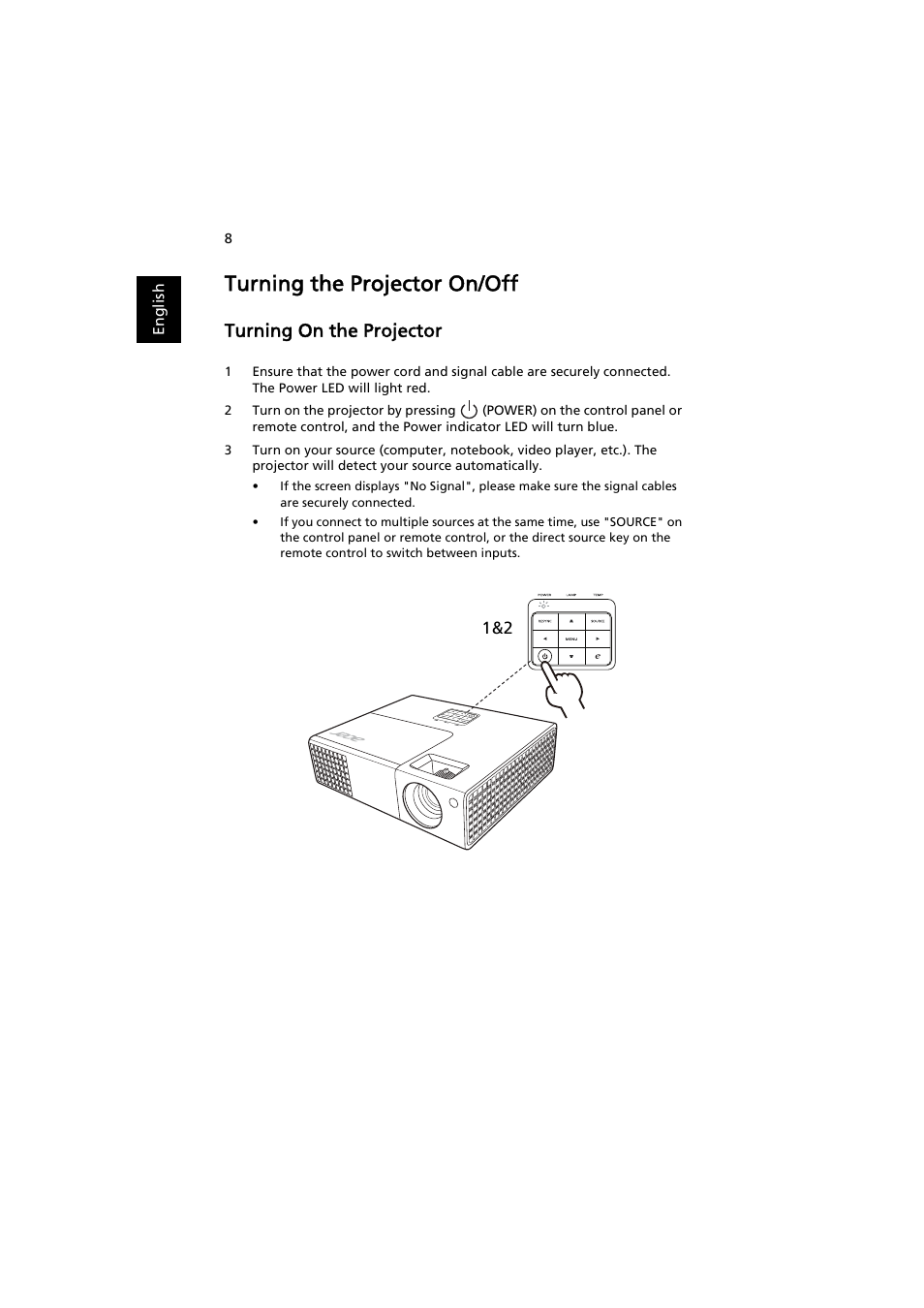 Turning the projector on/off, Turning on the projector | Acer P1341W User Manual | Page 18 / 56