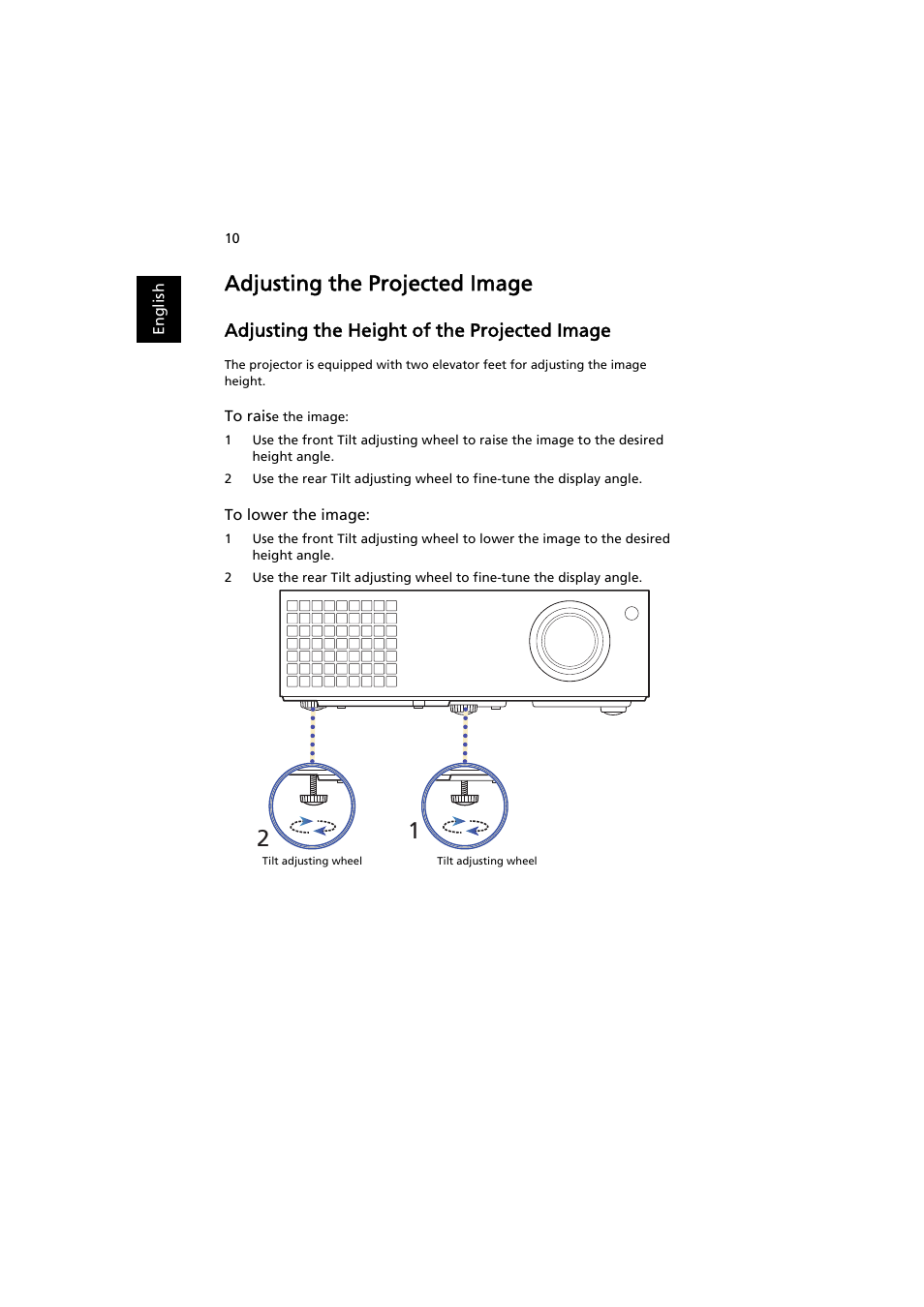 Adjusting the projected image, Adjusting the height of the projected image | Acer P1341W User Manual | Page 20 / 56