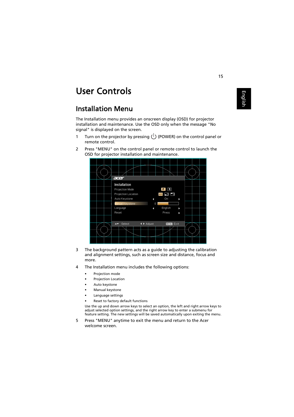 User controls, Installation menu | Acer P1341W User Manual | Page 25 / 56