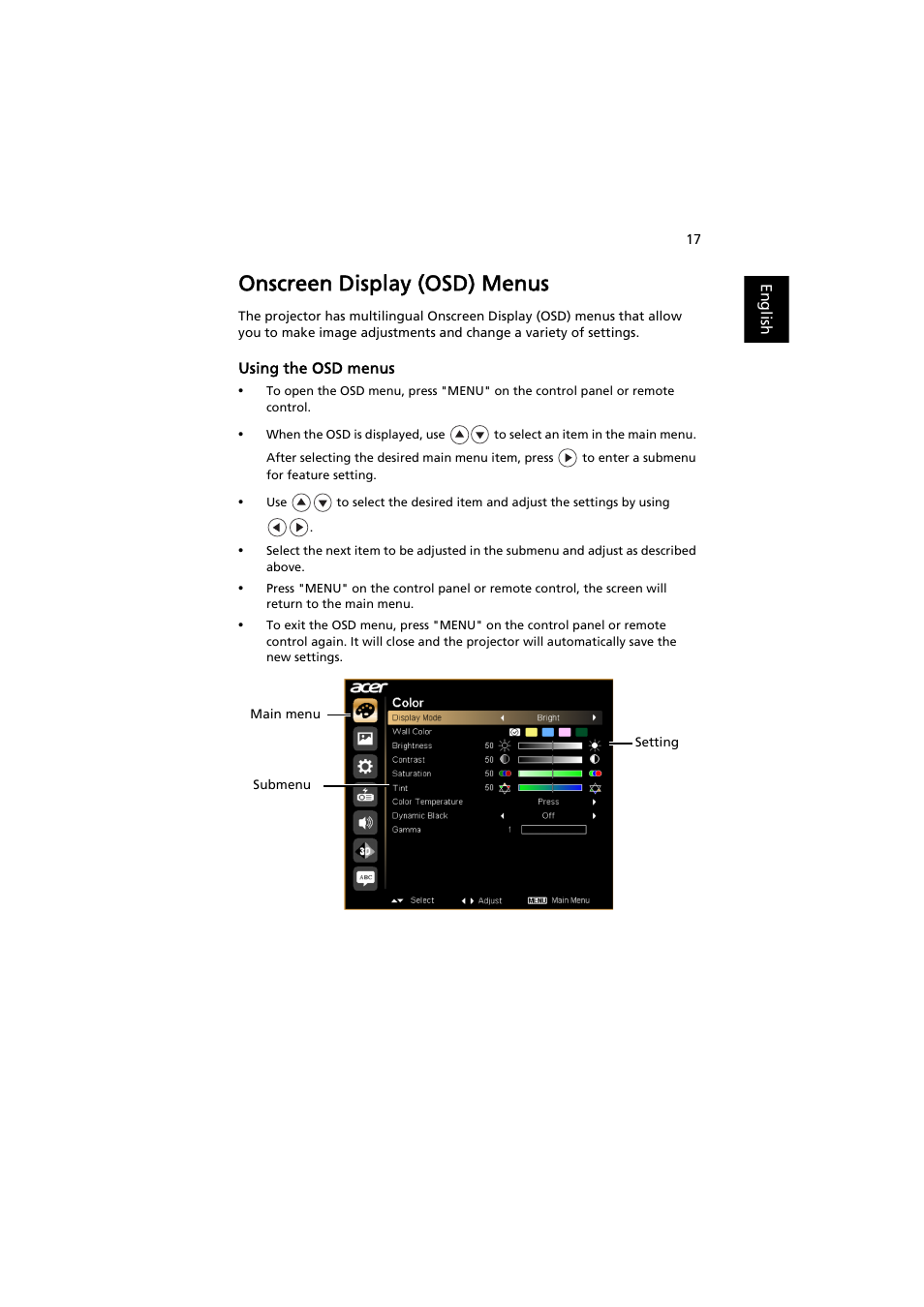 Onscreen display (osd) menus | Acer P1341W User Manual | Page 27 / 56