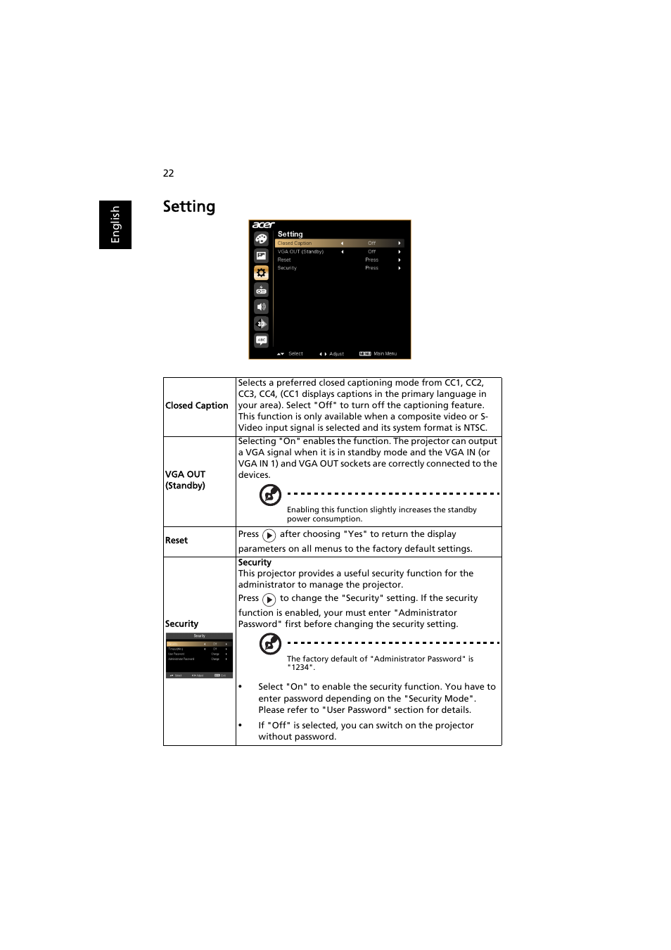 Setting | Acer P1341W User Manual | Page 32 / 56