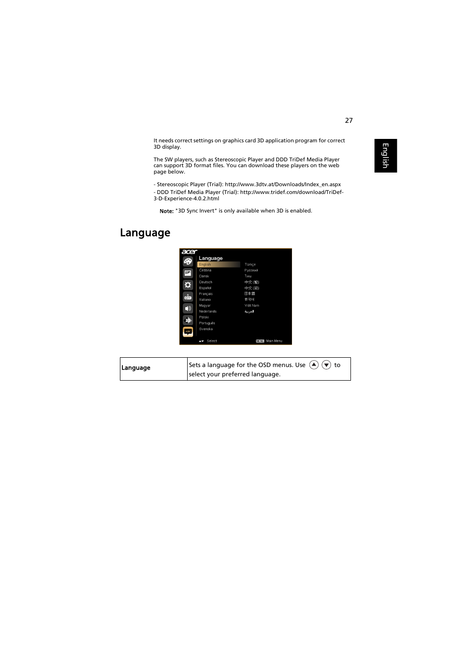 Language | Acer P1341W User Manual | Page 37 / 56