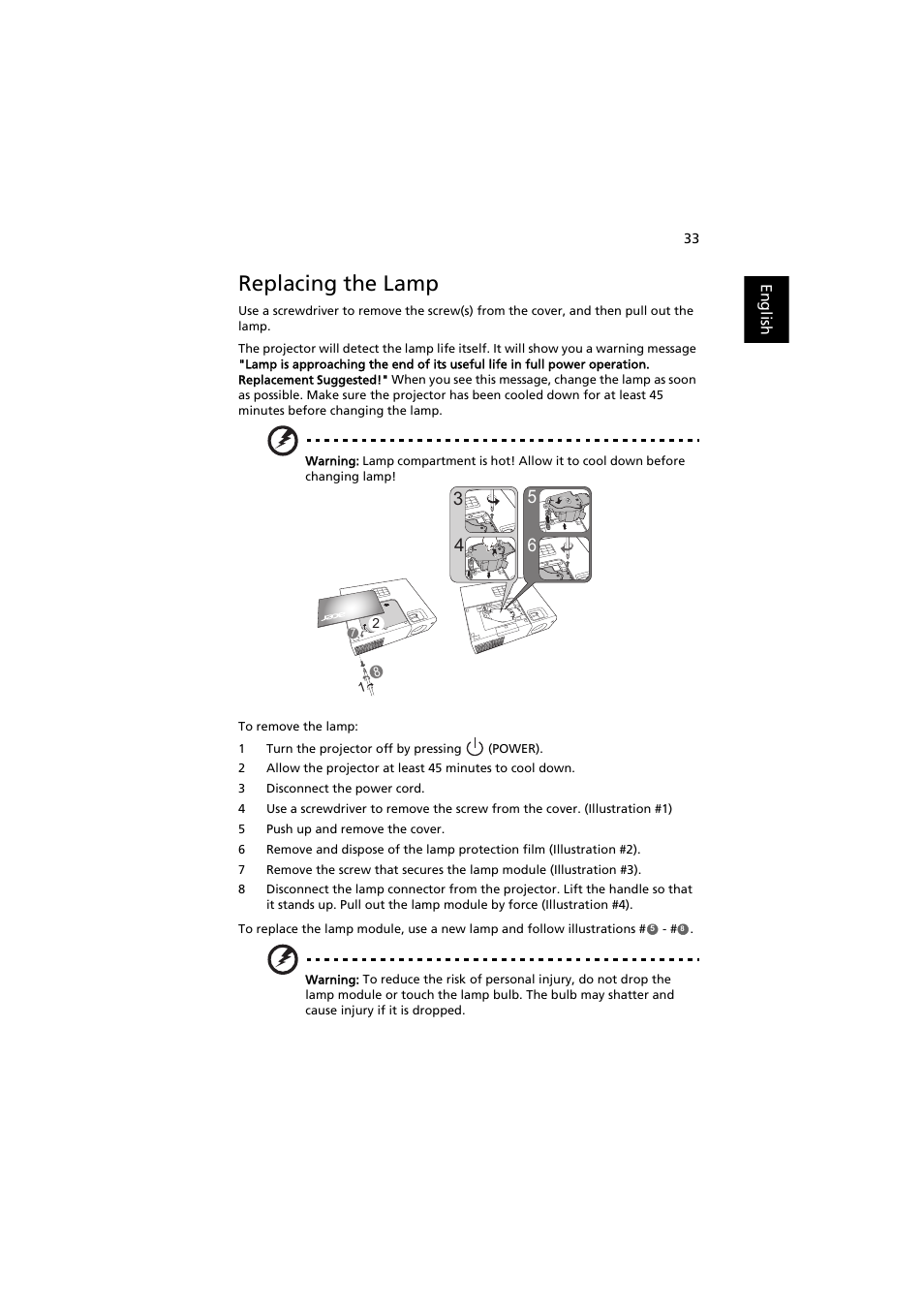 Replacing the lamp, E "replacing the lamp | Acer P1341W User Manual | Page 43 / 56