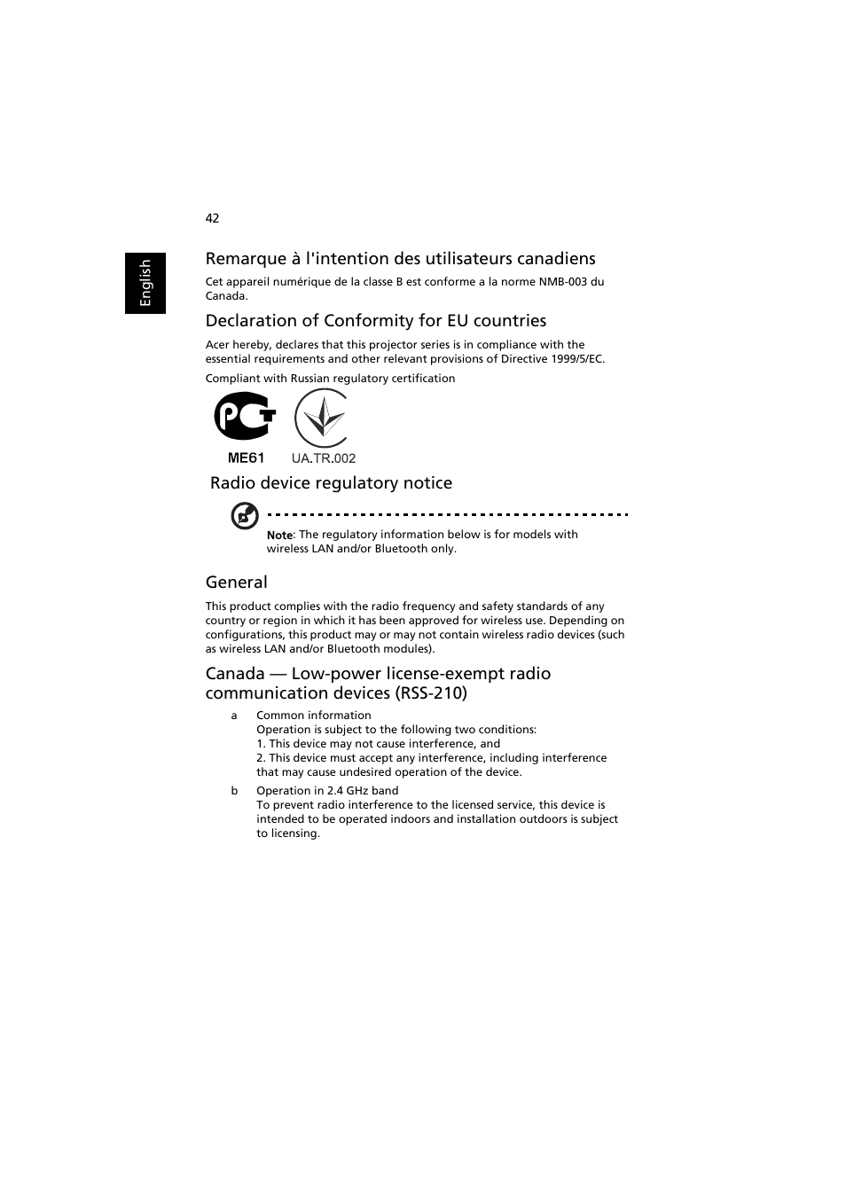 Remarque à l'intention des utilisateurs canadiens, Declaration of conformity for eu countries, Radio device regulatory notice | General | Acer P1341W User Manual | Page 52 / 56