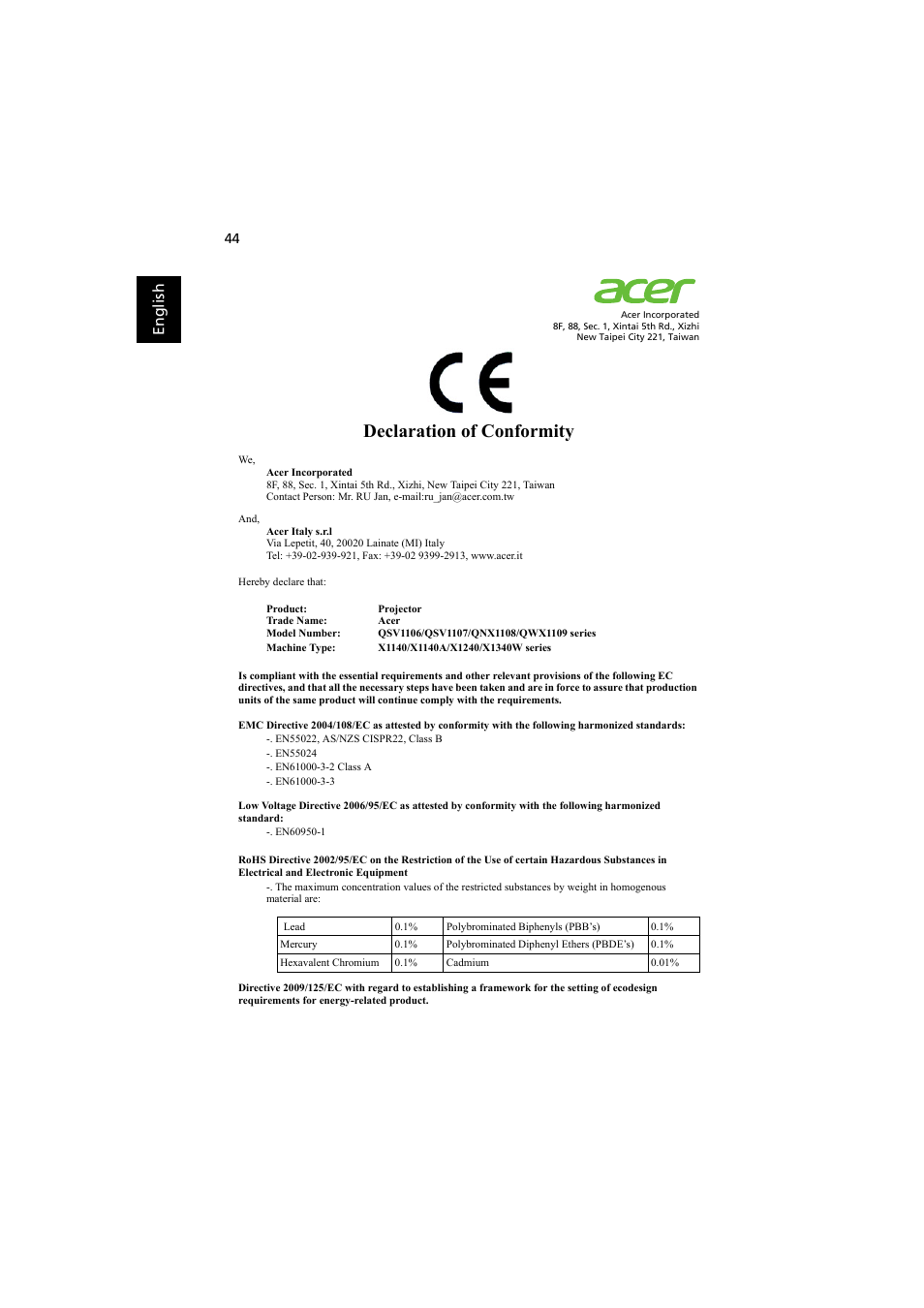 Declaration of conformity, En gl ish | Acer P1341W User Manual | Page 54 / 56