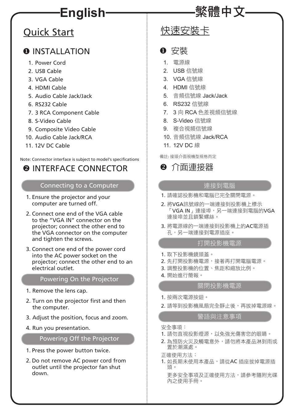 繁體中文, English, 快速安裝卡 | Quick start, 介面連接器, Installation, Interface connector | Acer H7531D User Manual | Page 2 / 2