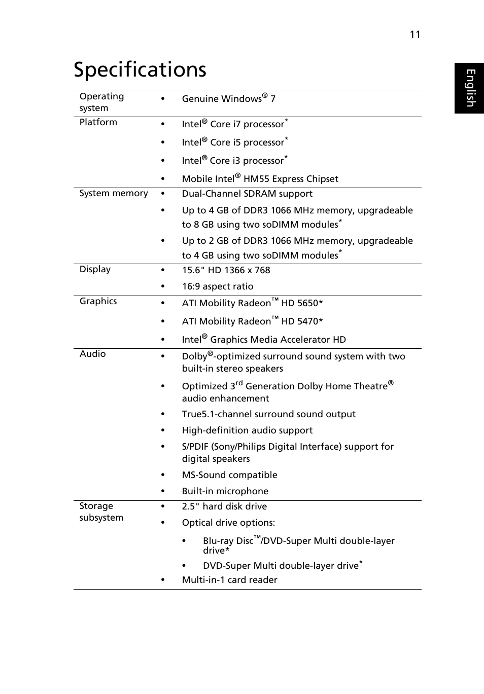 Specifications, Eng lis h | Acer Aspire 5740DG User Manual | Page 11 / 13