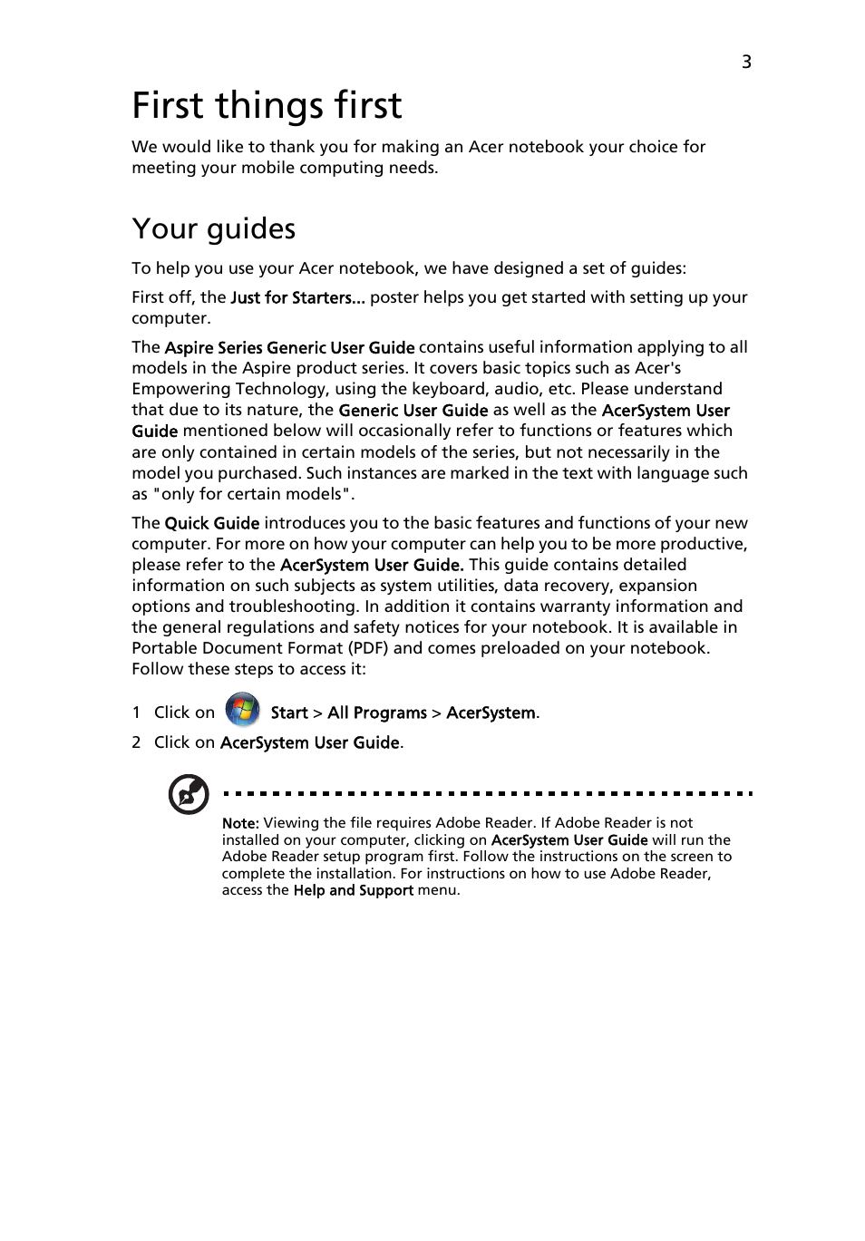 First things first, Your guides | Acer Aspire 5740DG User Manual | Page 3 / 13