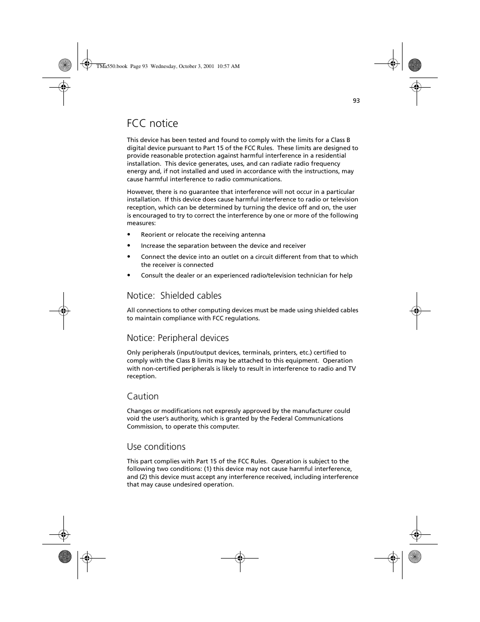 Fcc notice, Notice: shielded cables, Notice: peripheral devices | Caution, Use conditions | Acer TravelMate a550 User Manual | Page 103 / 112