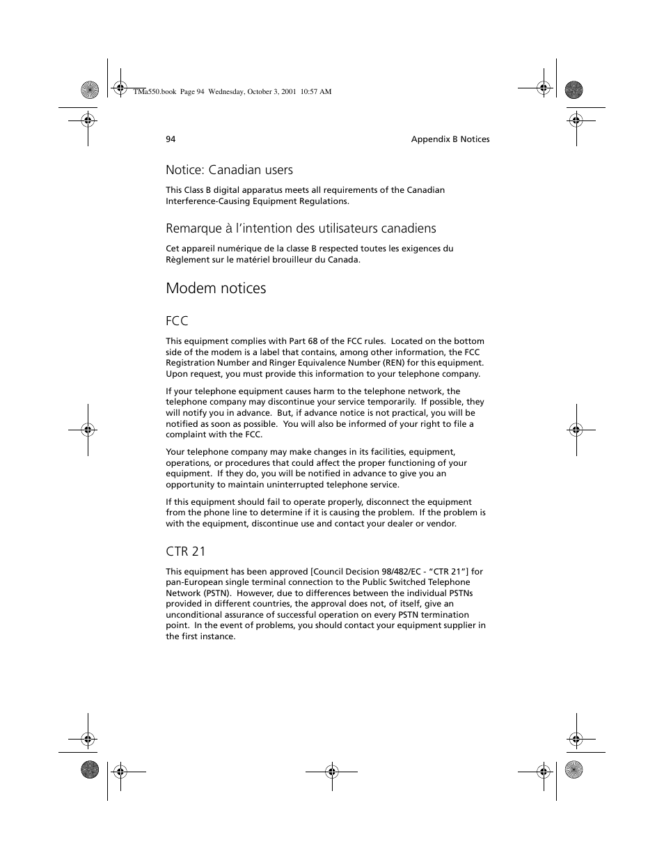 Modem notices, Notice: canadian users, Remarque ¶ l’intention des utilisateurs canadiens | Ctr 21 | Acer TravelMate a550 User Manual | Page 104 / 112