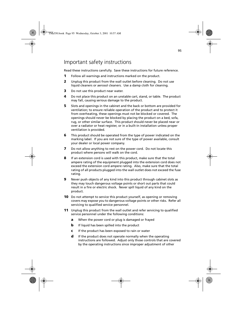 Important safety instructions | Acer TravelMate a550 User Manual | Page 105 / 112