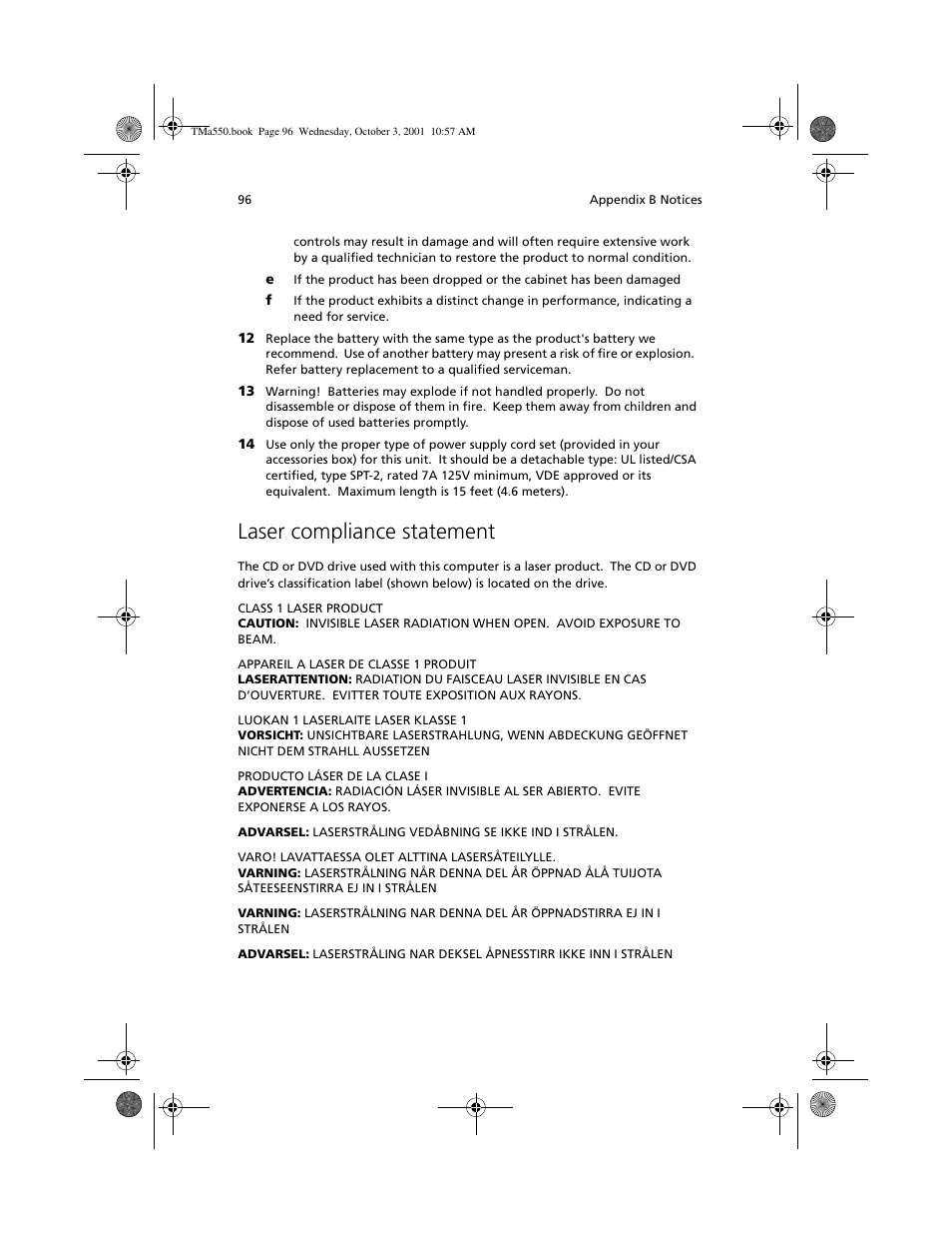 Laser compliance statement | Acer TravelMate a550 User Manual | Page 106 / 112