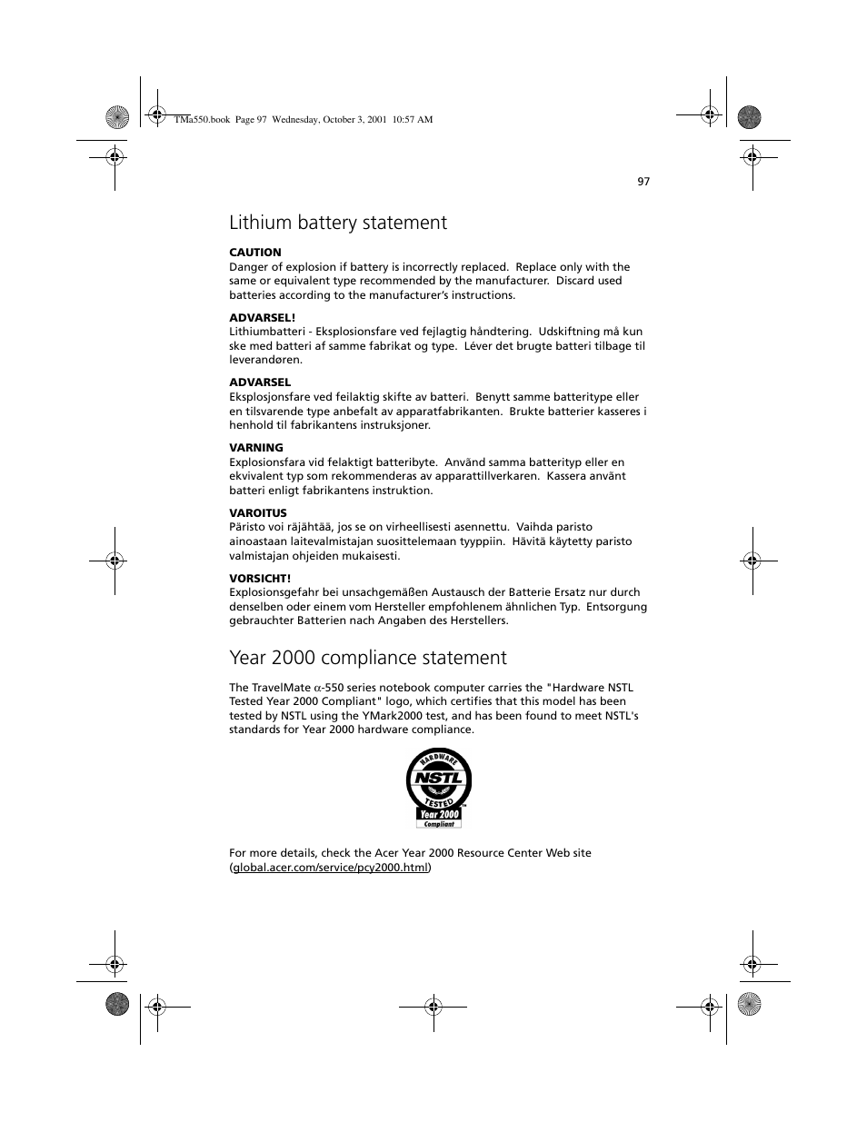 Lithium battery statement, Year 2000 compliance statement | Acer TravelMate a550 User Manual | Page 107 / 112