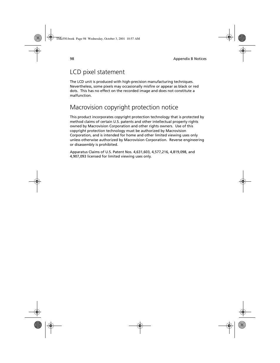 Lcd pixel statement, Macrovision copyright protection notice | Acer TravelMate a550 User Manual | Page 108 / 112