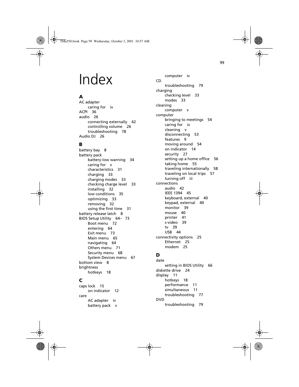 Index | Acer TravelMate a550 User Manual | Page 109 / 112