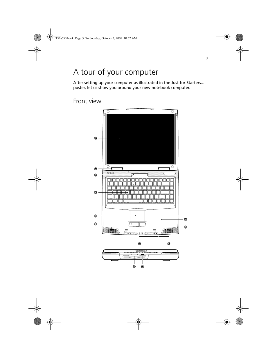 A tour of your computer, Front view | Acer TravelMate a550 User Manual | Page 13 / 112