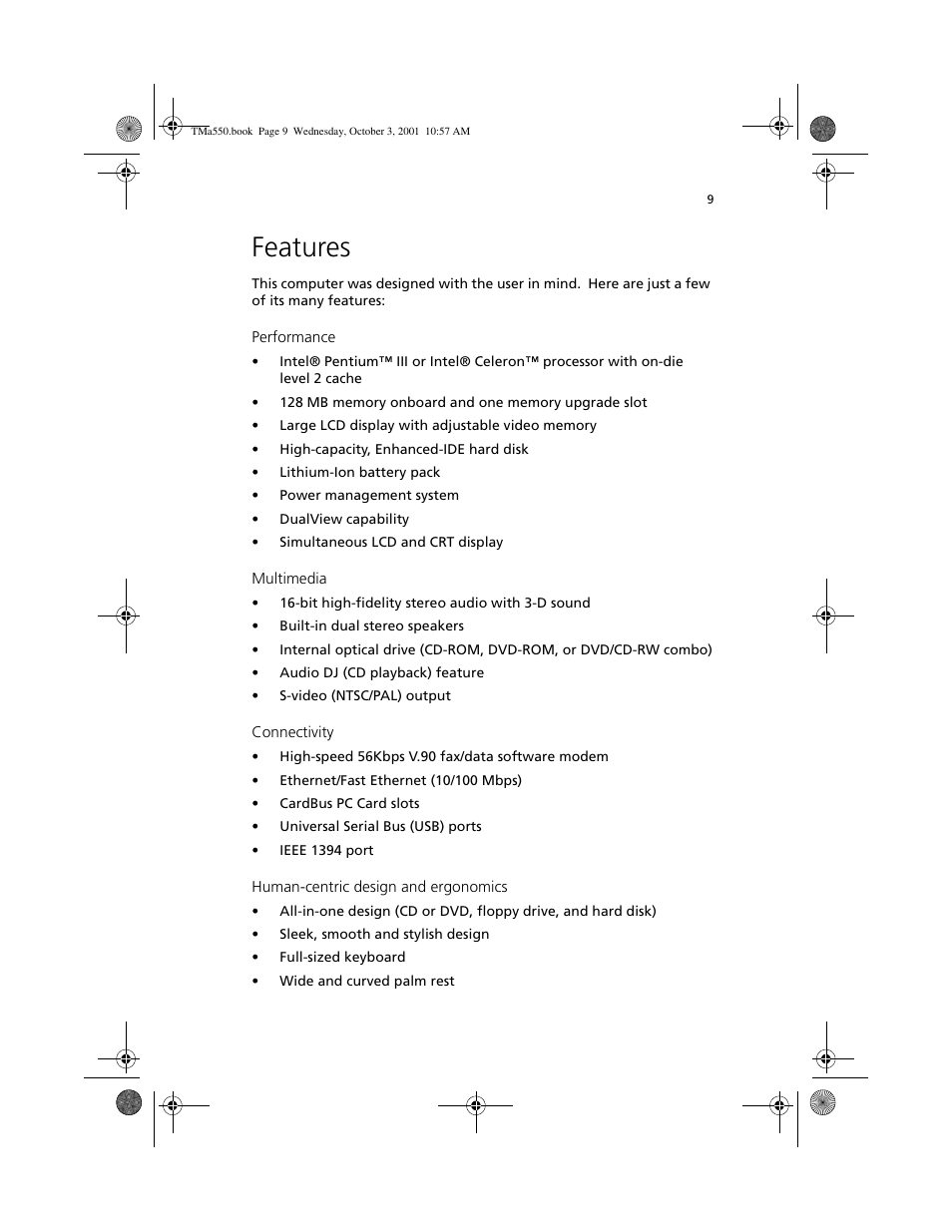 Features | Acer TravelMate a550 User Manual | Page 19 / 112