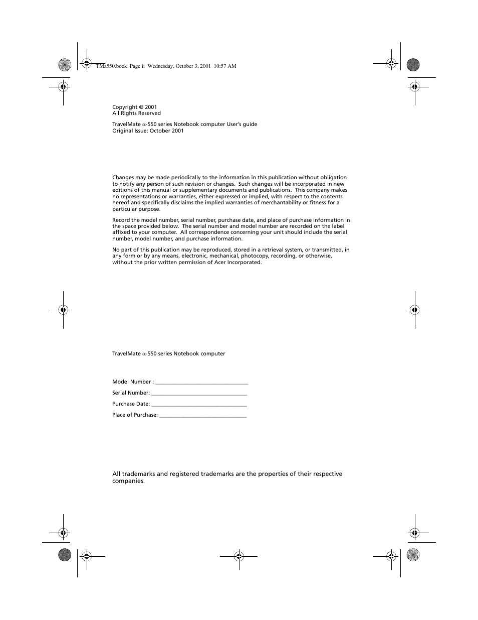 Acer TravelMate a550 User Manual | Page 2 / 112