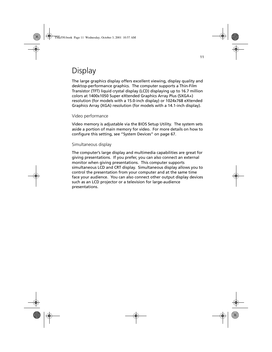 Display | Acer TravelMate a550 User Manual | Page 21 / 112