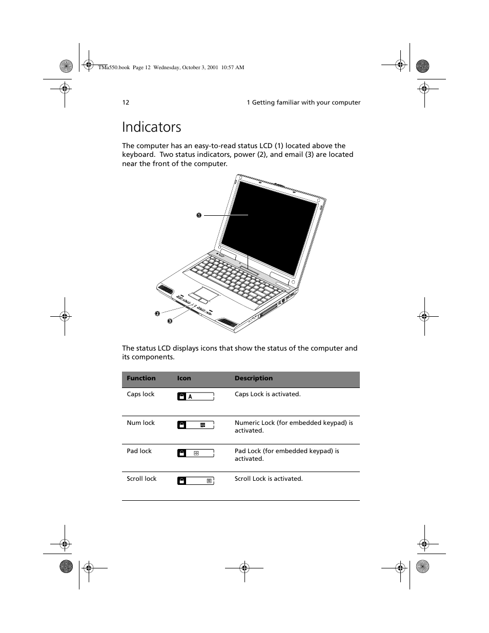 Indicators | Acer TravelMate a550 User Manual | Page 22 / 112
