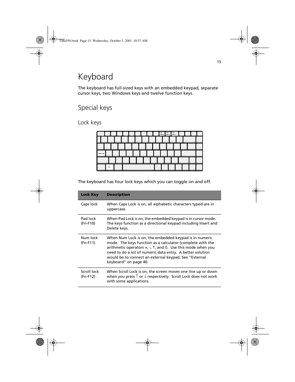 Keyboard, Special keys, Lock keys | Acer TravelMate a550 User Manual | Page 25 / 112