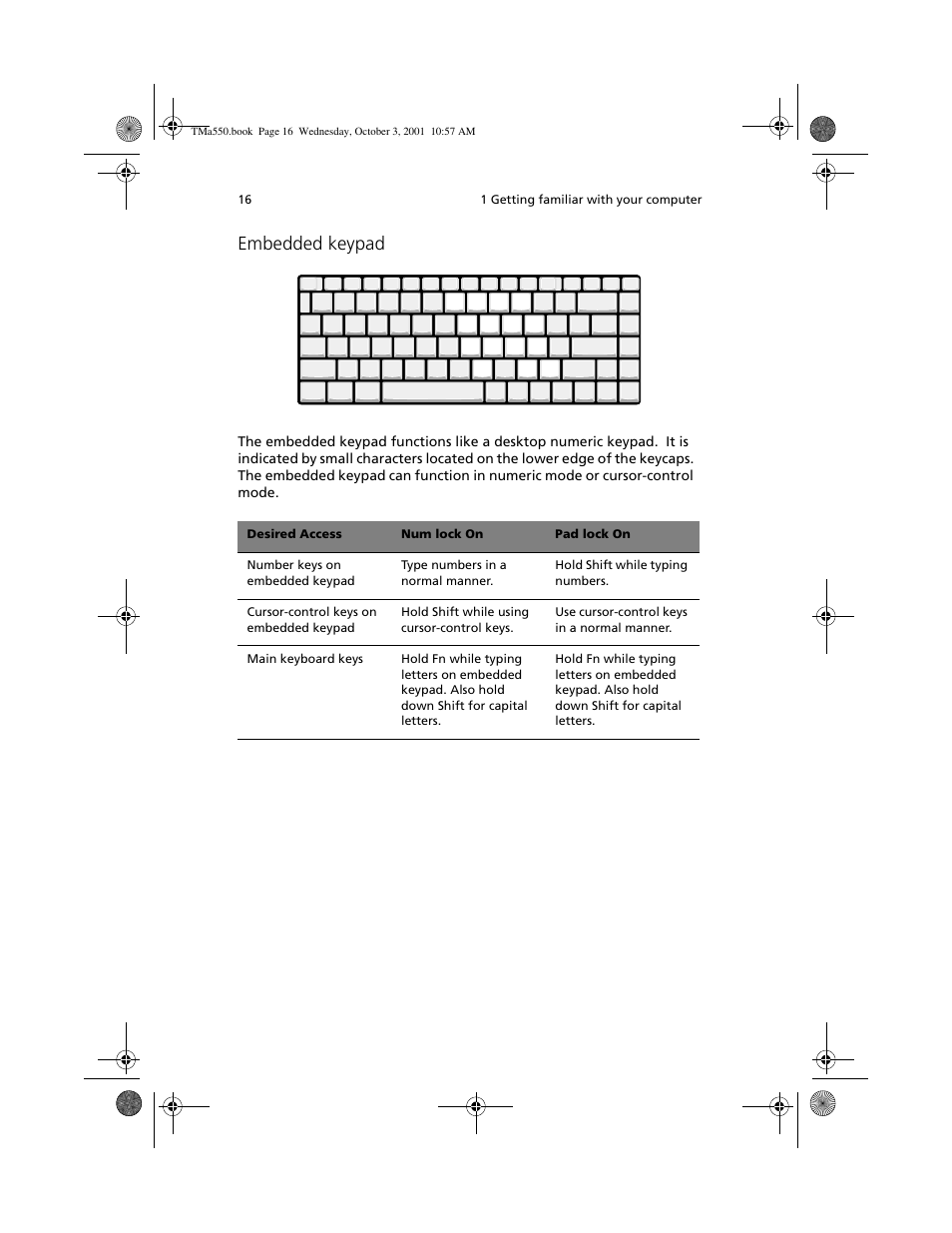 Embedded keypad | Acer TravelMate a550 User Manual | Page 26 / 112