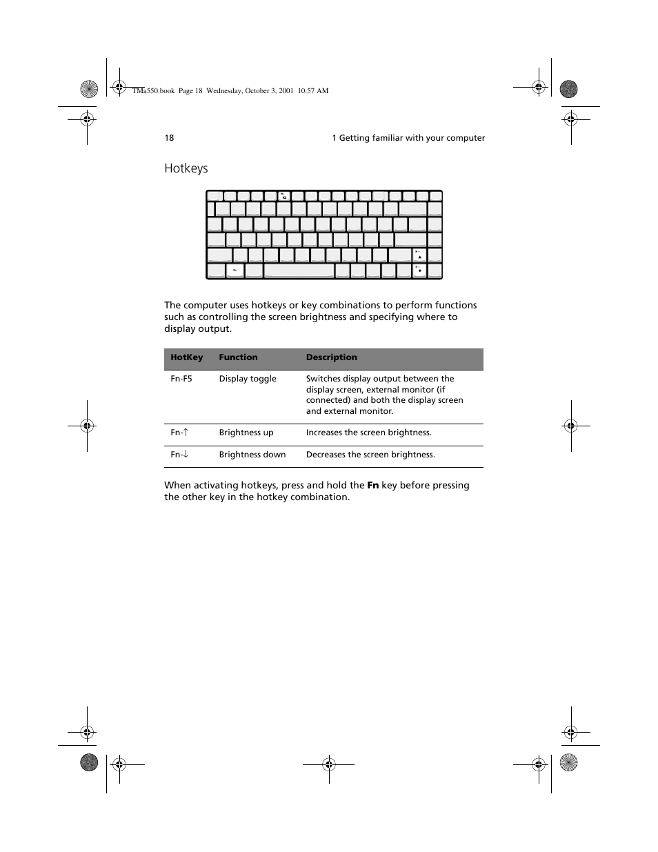 Hotkeys | Acer TravelMate a550 User Manual | Page 28 / 112