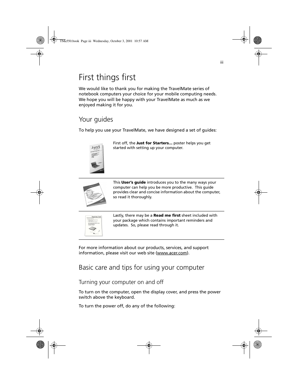 First things first, Your guides, Basic care and tips for using your computer | Acer TravelMate a550 User Manual | Page 3 / 112